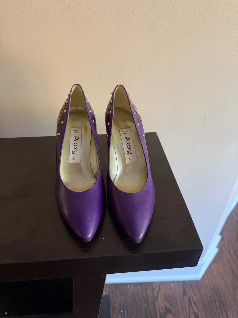 Proxy purple pointed-toe high heels with gold-tone stud embellishments